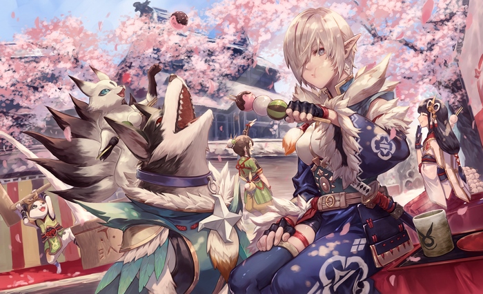 Monster Hunter Rise Elf and Companions Under Cherry Blossoms