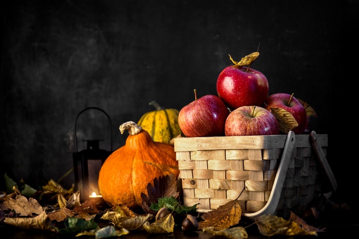 Fall Harvest Basket with Apples and Pumpkins