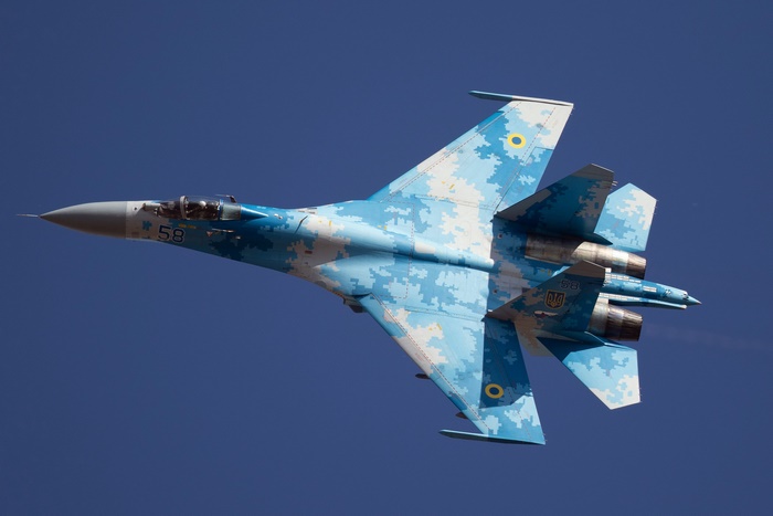 Blue Camouflage Sukhoi Su-27 Jet Fighter in Flight
