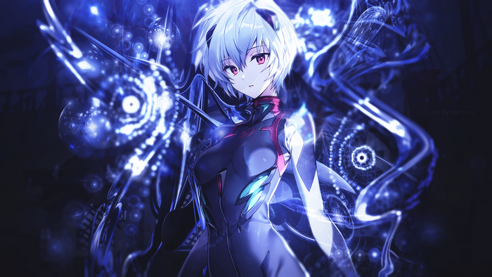 Rei Ayanami in a futuristic suit with blue energy effects