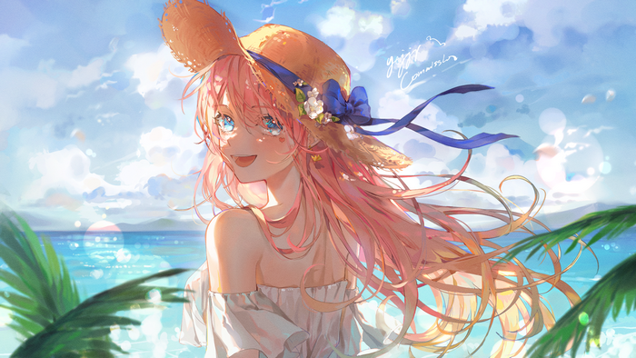 Anime girl with pink hair and straw hat at the beach