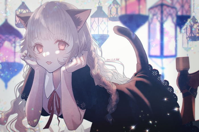 Anime girl with cat ears and tail, ornate lanterns
