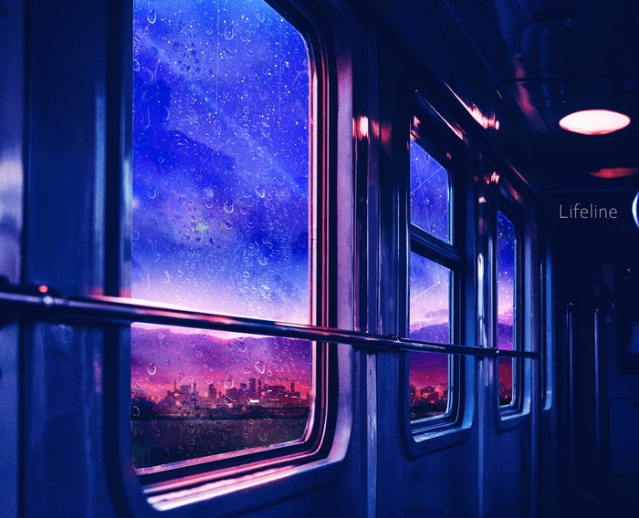 Train window view of city skyline at night with rain