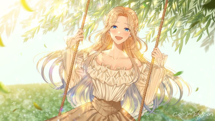Girl on a swing in a sunlit meadow