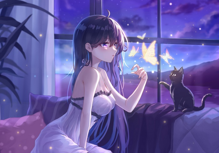 Girl with cat and butterflies at night
