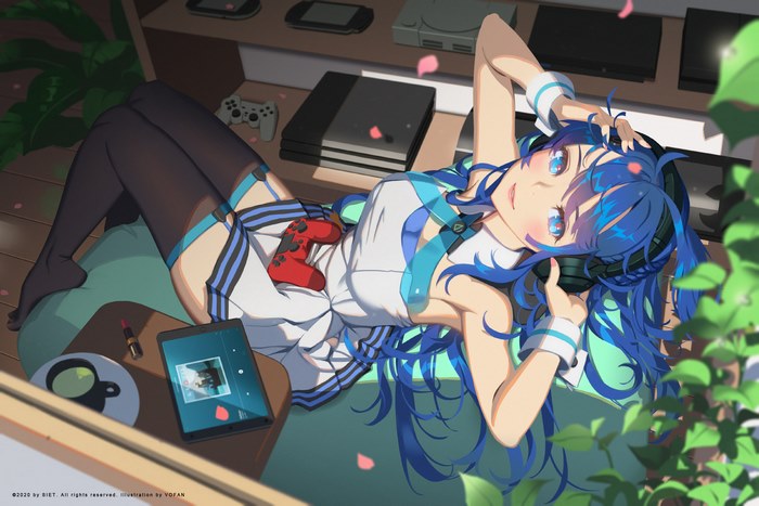 Girl with blue hair and headphones playing video games