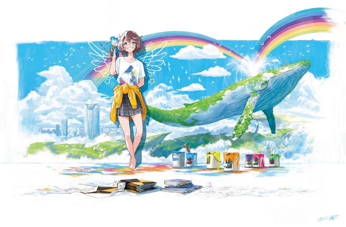 Girl Painting a Whale and Rainbow 4K