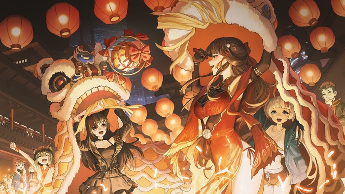 Anime characters celebrating Spring Festival with lion dance