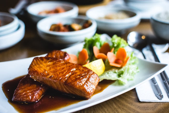 Salmon with sweet soy sauce and salad