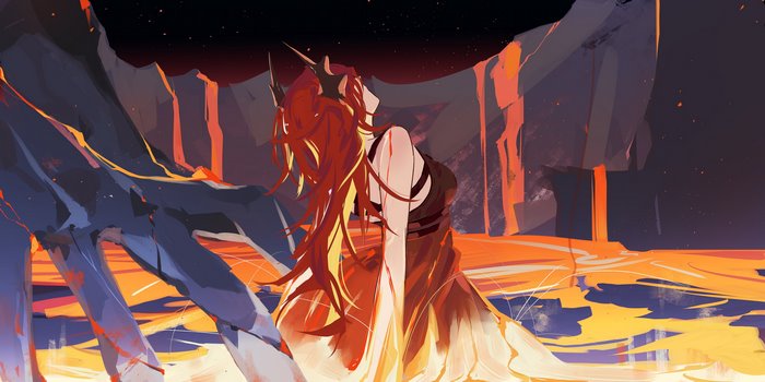 Surtr from Arknights in a fiery landscape