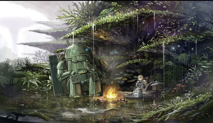 Robot and girl in a rainy forest