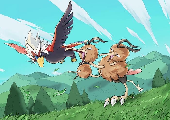Braviary and Dodrio in a grassy landscape