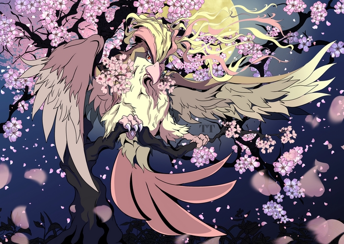 Pidgeot (Pokémon) in a Cherry Blossom Tree
