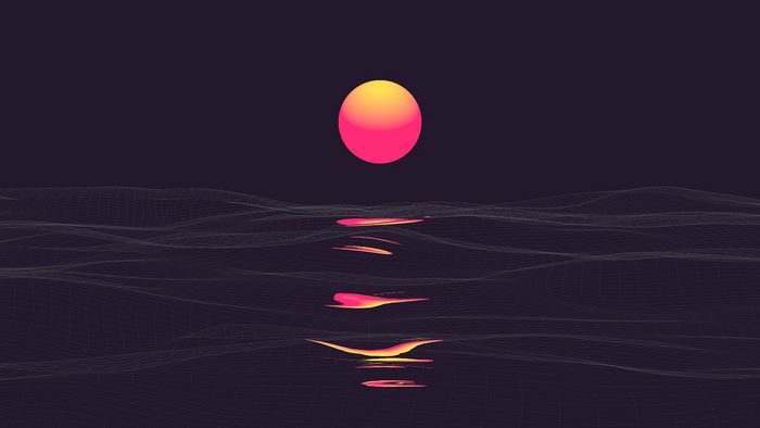 Wireframe Ocean Sunset with Pink and Yellow Sun