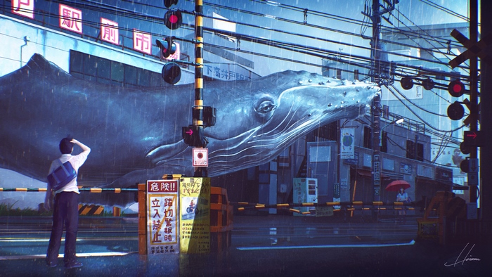 Giant Whale Mural in a Rainy City