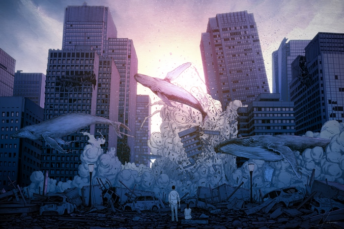 Whales swimming through ruined city buildings