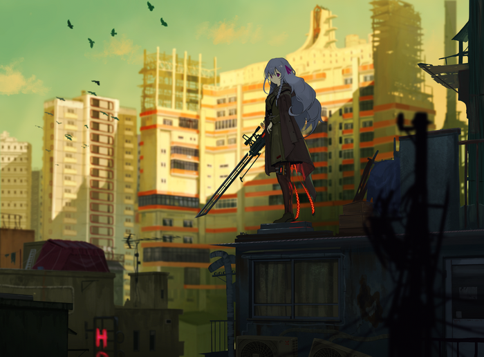 Girl with long hair and a sword in a ruined city
