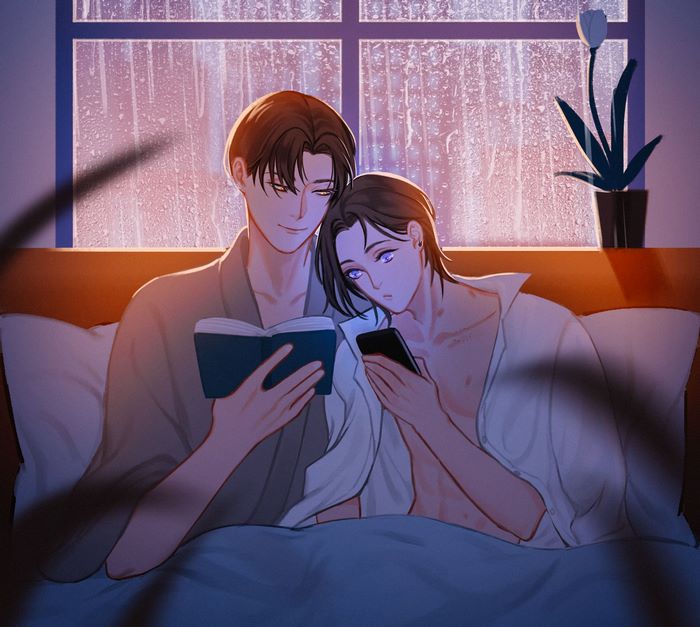 Lan Wangji and Wei Wuxian in bed during rain