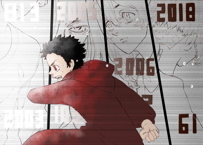Takemichi Hanagaki in a red hoodie