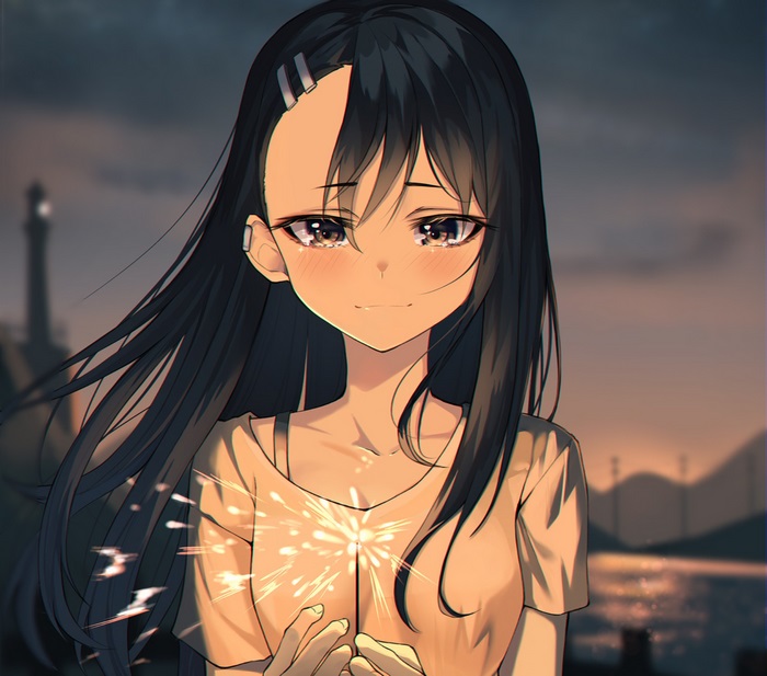 Hayase Nagatoro holding a sparkler at sunset