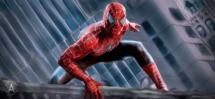 Spider-Man crouches on a building ledge