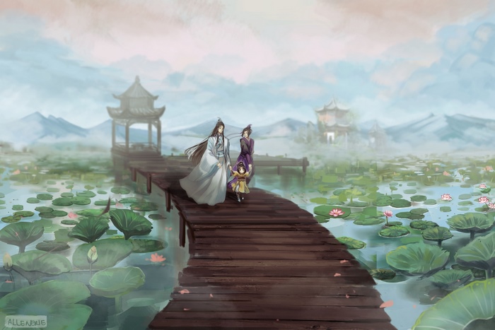Jiang Cheng, Lan Xichen, and Jin Ling on a bridge