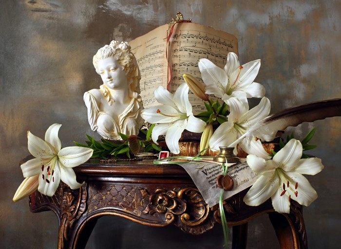 Still life with bust, lilies, and sheet music