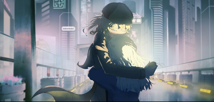 Watson Amelia and Gawr Gura Hugging in a City