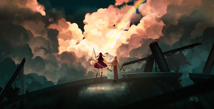 Reimu Hakurei and Yukari Yakumo on a broken structure