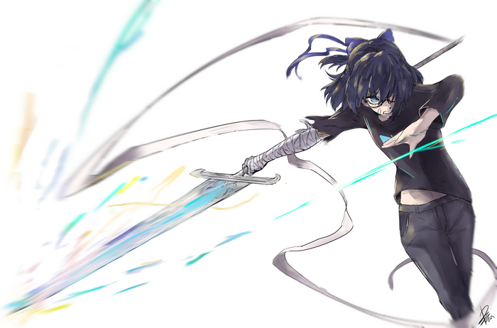 Yuujin A with a glowing sword and ribbons