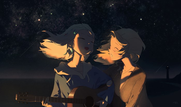 Gawr Gura and Watson Amelia under the stars