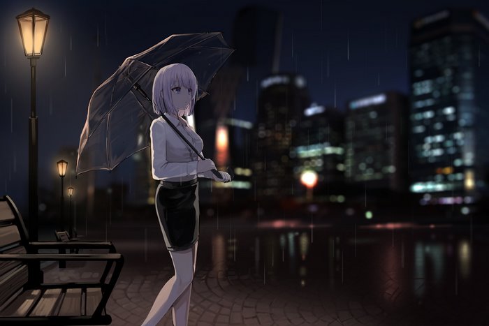 Girl with Umbrella in Rainy City at Night 4K