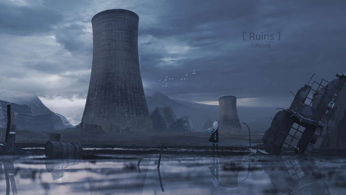 Ruins Lifeline with Cooling Towers and Destroyed Buildings