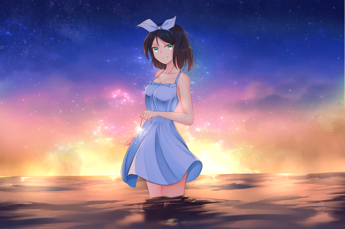 Girl with Sparkler in Water at Sunset