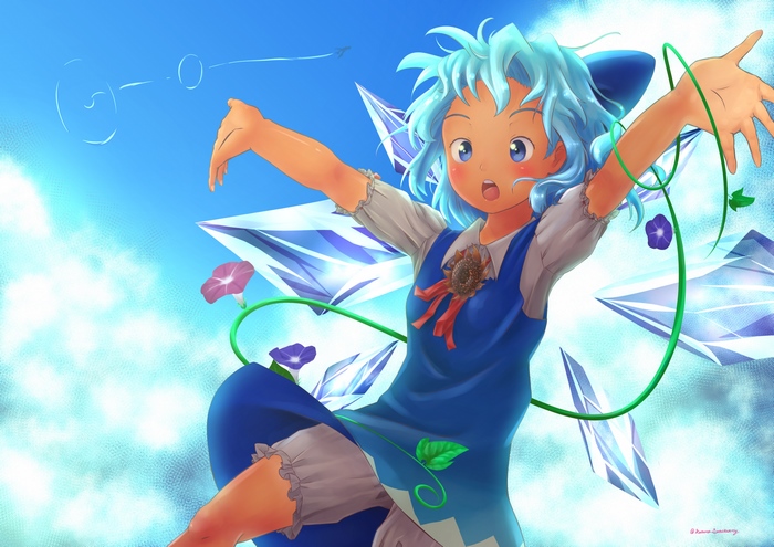 Cirno from Touhou in the sky with flowers