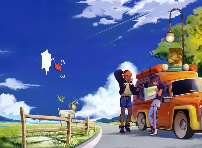 Leon and Raihan with Pokemon on a road trip