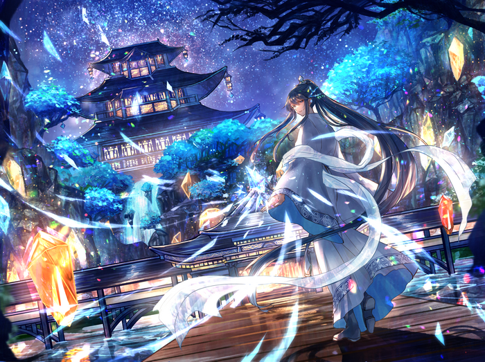 Boy with long hair in a fantasy landscape