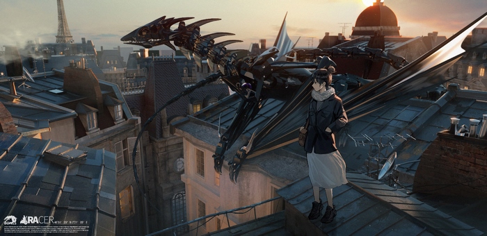 Girl and mechanical dragon on Paris rooftops