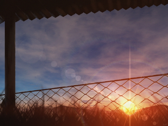 Sunset viewed through a chain-link fence