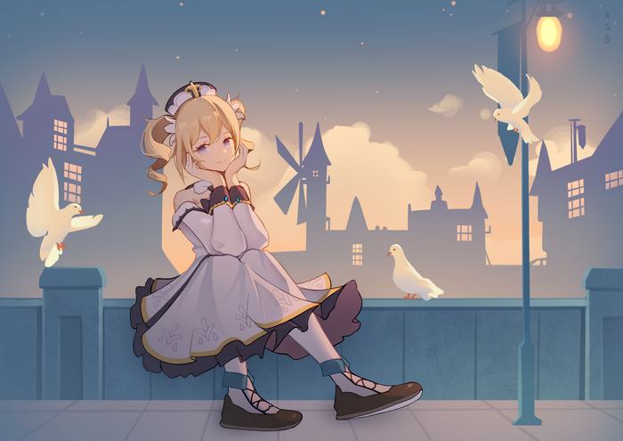 Barbara from Genshin Impact with pigeons at sunset