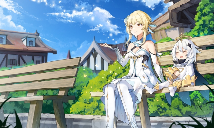 Lumine and Paimon sitting on a bench in Genshin Impact