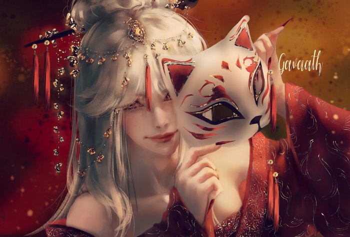 Ningguang holding a Kitsune mask