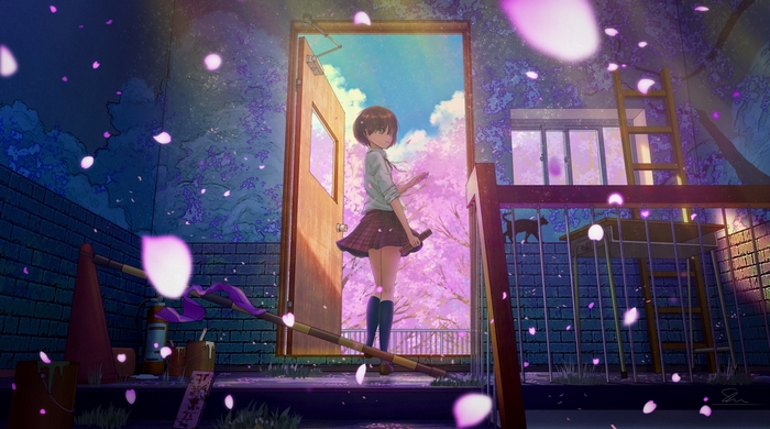 Girl with short hair among sakura petals