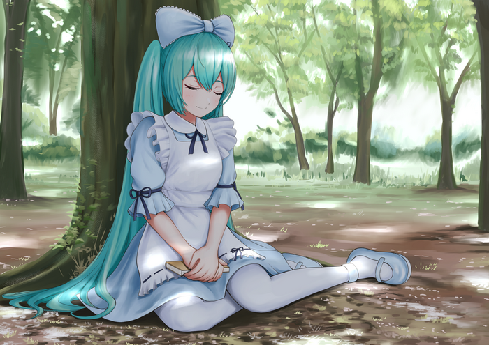 Hatsune Miku in a blue maid outfit sitting in a forest