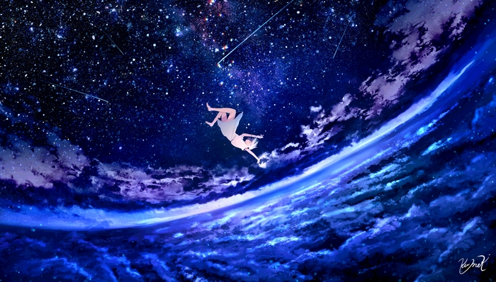 Girl falling in a starry sky