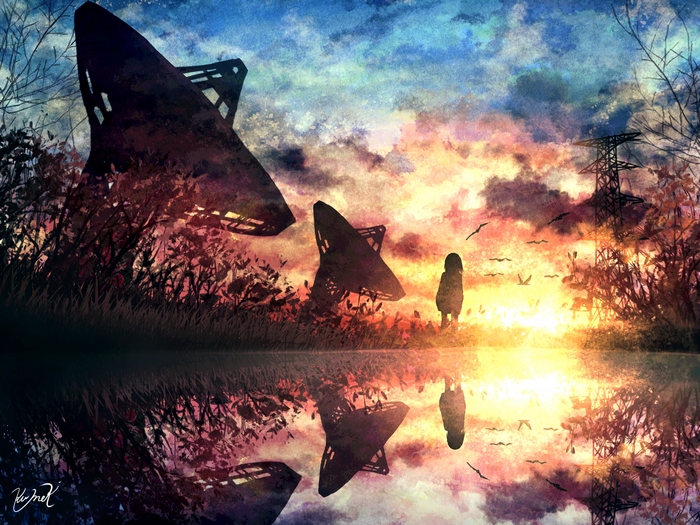 Girl watching sunset by satellite dishes