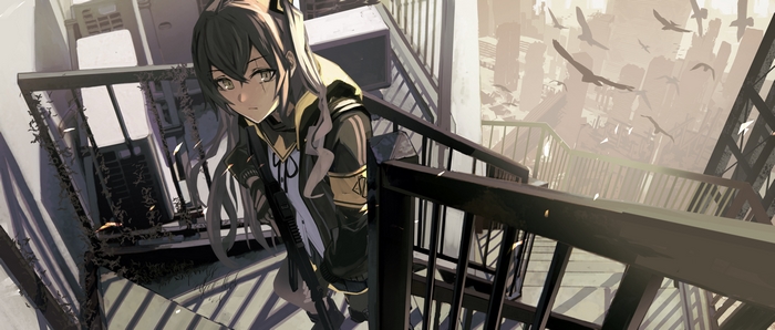 UMP45 on a Staircase with Birds Flying