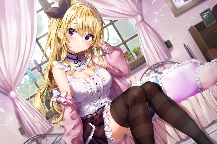 Girl with long blonde hair in a pink room