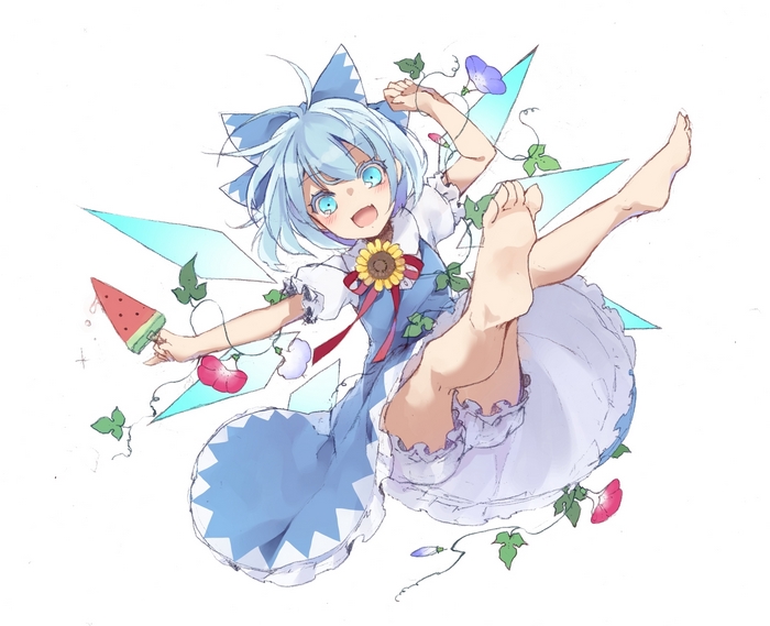 Cirno from Touhou holding a watermelon popsicle