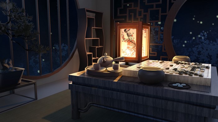 Traditional Chinese room with Go board and tea set